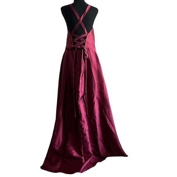 Alfred Sung Dress Size 18 Halter Lace Up Twill Criss Cross Burgundy - Picture 4 of 15